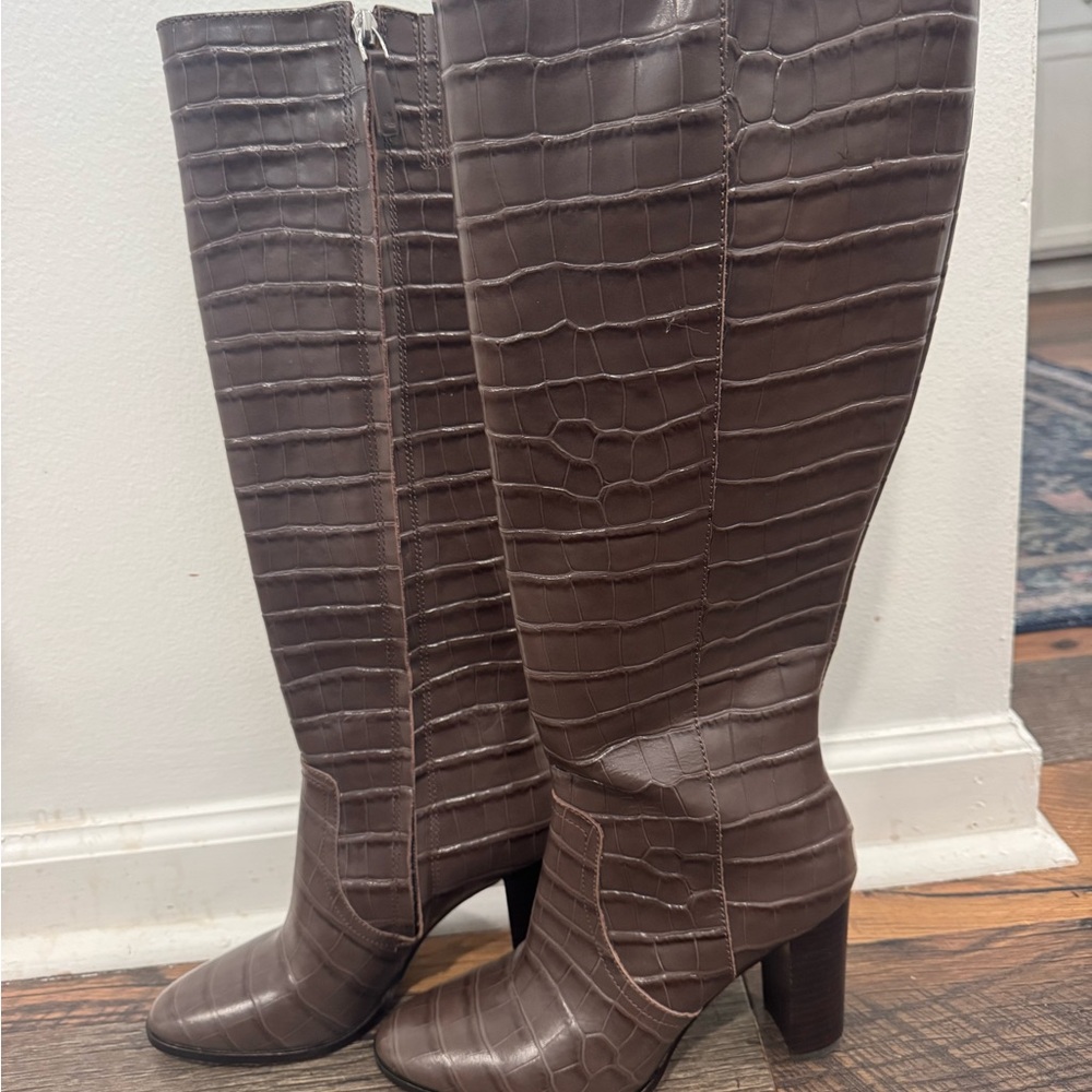 Ralph Lauren Brown Croc-Embossed Knee Boots